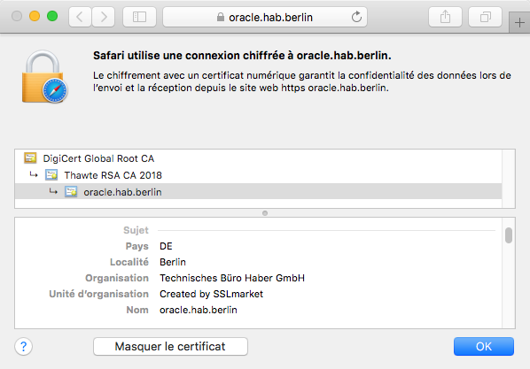 Affichage du certificat Thawte Web Server dans le navigateur